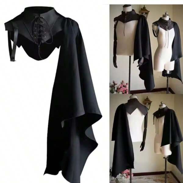 万圣节中世纪盔甲黑色斗篷单肩复古披风哥特朋克系带文艺复兴服装十字军装备成人