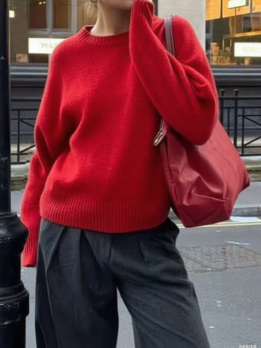 Vaiaye 圣诞女式秋季休闲针织套头衫 - 紅色 - 查看 1