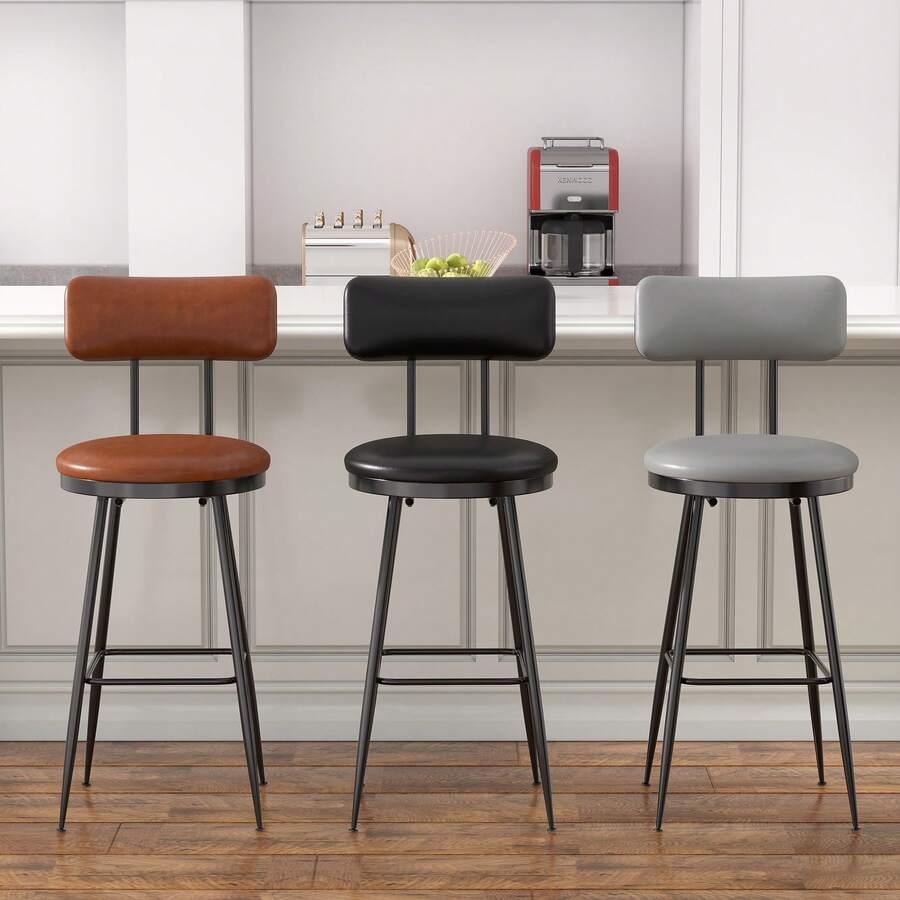 Rosahqnda Lot de 2 tabourets de bar, chaises de cuisine, assise rembourrée, revêtement , style classique et moderne du milieu du siècle, hauteur 65 cm, pour cuisine, salle à manger, bar, noir - Noir-2 pièces - Voir 1