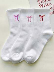 3 Pairs Bow Pattern Crew Socks, Casual Everyday Wear, Fall