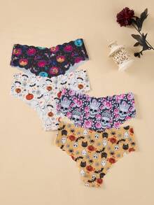 7pcs Halloween Printed Women's Underwear, Comfortable Seamless V-Waist Lifting Wavy Edge Briefs