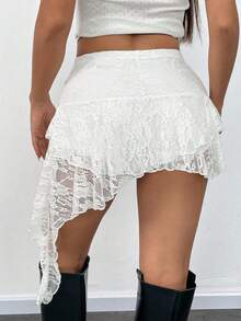 Hourglow 秋季女式不对称蕾丝边修身短裤衬裙，加大码 - 白色 - 查看 3