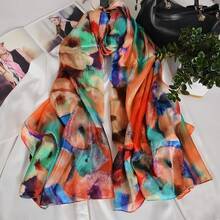 100% Mulberry Silk Scarf For Women Lightweight Long Scarves Beach Wraps Cover Up -Travel Photography Scarfhalloween - 橘藍 - 查看 7