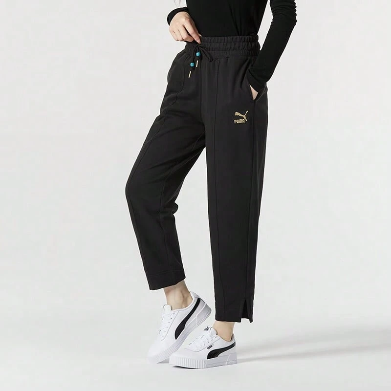 Puma 女款 2026 春季新款基础款时尚休闲运动裤，舒适抓绒慢跑裤，开衩裤脚，627271-01 - 黑色 - 查看 1