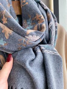 1 Peça Xale/Poncho de Estilo Boêmio Bordado, Grosso e Quente, com Borlas, Feito de Falso Cashmere, para Mulheres no Outono/Inverno - Cinza Claro - Visão 4