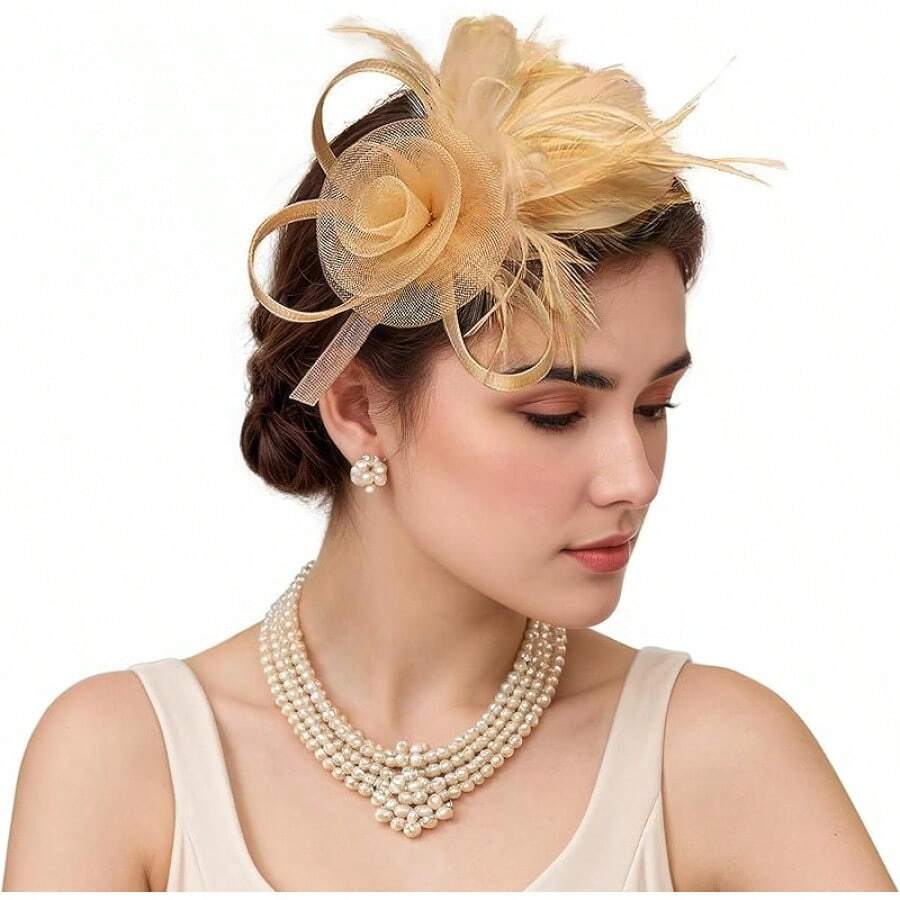Fascinators Hats Women,Tea Party Fascinator Hair Clip With Feathers Wedding,Derby Hats Headbands - Ha9462-gold - View 1