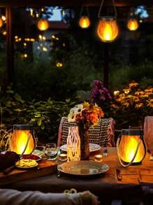 1/2 件太阳能火焰吊灯 - 3D 闪烁 LED 具有逼真的余烬效果，IP65 防水花园吊灯适用于露台凉亭，锻铁悬挂装饰