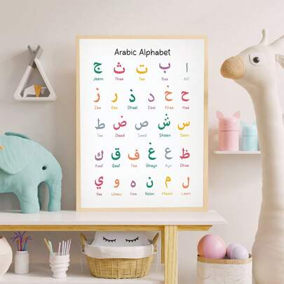 1 件阿拉伯字母印刷品 - 伊斯兰字母海报 - 伊斯兰风格，适用于儿童房、托儿所、男孩和女孩的派对卧室、幼儿园教室装饰，防水。房间床头板装饰壁纸，派对装饰礼品。