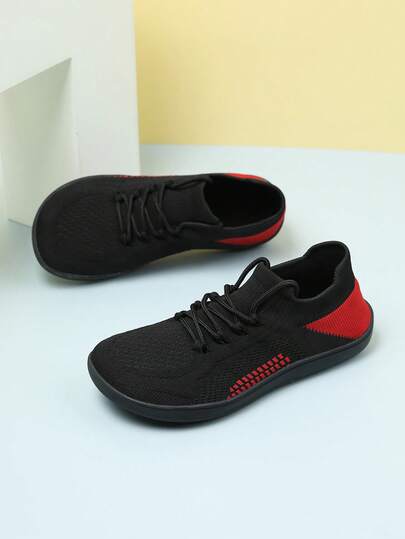 Women's Minimalist Barefoot Sneakers - Wide Width White Breathable Knit Fabric Lace-Up Round Toe Casual Shoes, Shock-Absorbing Rubber Sole, All-Season Comfortable Casual Shoes, Fashionable Lace-Up Design, Flexible Wear