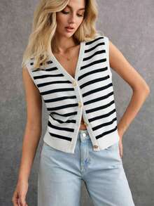 Cárdigan informal a rayas para mujer, diseño de escote en V sin mangas, rayas blancas y negras en colores contrastantes, combinado con botones exquisitos, el estilo general es simple y elegante. - Blanco - Ver 4