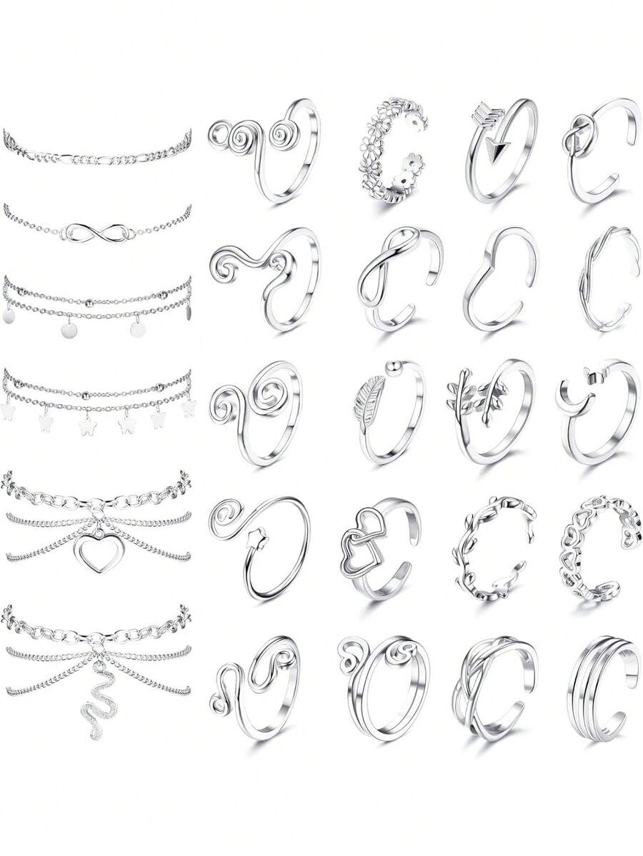 Milacolato Toe Rings And Ankle Bracelets For Women Silver Rose Gold Plated Anklet Toe Rings Cute Layered Anklets Open Tail Rings Adjustable Beach Foot Jewelry For Summer - 彩色 - 查看 1