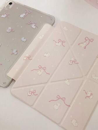 A Beautiful And Cute Rabbit Bow With Double-Sided Painted Acrylic Transparent Crystal Back Panel, Anti Drop Support For Sleep And Wake-Up Mini 4/5/6 Gen 5/6th Air 1/2 9.7Inch