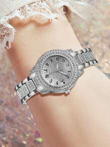 6件套女士银合金表带首饰套装，奢华经典数字刻度圆形表盘石英表，包含手链、项链、戒指和耳环，适合日常佩戴，是送给朋友或母亲的完美礼物。