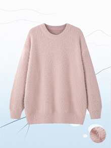 1pc Women Fleece Round Neck Dropped Shoulder Long Sleeve Sweater,Ins Style,Soft And Skin-Friendly,Casual Home Style,Home Wear,Comfortable,For Daily Wear,Going Out,Autumn/Winter