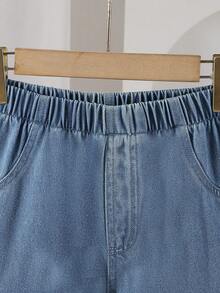 Tween Girls Casual Comfortable Elegant White Ruffle Collar Pleated Shirt And Light Blue Straight Leg Jeans Pants Autumn/Winter Set