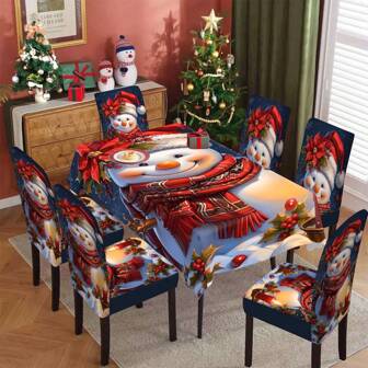 1/4/5/6/7/36 piezas Juego de fundas para silla/asiento con estampado de muñeco de nieve y bayas de acebo, adecuado para uso en interiores del hogar, restaurante, hotel, opción ideal para decoración diaria moderna. El mantel se ajusta a mesas de comedor cuadradas, las fundas elásticas para sillas son lavables.