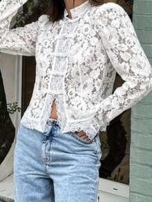 Women Lace Shirt, Long Sleeve Shirt Button-Down Slim Fit Elegant Fall Sheer Tops Clubwear - 白色 - 查看 2