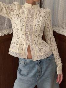 Women Lace Shirt, Long Sleeve Shirt Button-Down Slim Fit Elegant Fall Sheer Tops Clubwear - 白色 - 查看 5