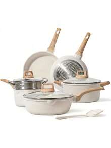 Non Stick Ceramic Cookware Set, Healthy Pot And Flat Bottomed Pot Set, Kitchen Cooking Set, With A Cool Handle To Keep It Cool, Ceramic Non Stick Stew Pot With Lid, White Granite Coating, Free Of PFOS/PFAS - Beige - View 10