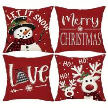 4pcs Christmas Theme Pillow Covers, Merry Christmas Cute Reindeer & Snowman Pattern, Minimalist Peach Velvet Single-Sided Printed Cushion Covers With Zipper Closure, No Pillow Insert Included, Striped Decorative Pillow Covers For Sofa, Bed, Chair, Bedroom, Living Room, Cabin Patio Decor - Red and White - View 3