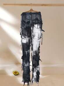 Women Tie Dye Pants Distressed Flared Leggings Pants Casual Tassels Bell Bottoms Bootcut Hip Hop Trousers For Streetwear - 黑色 - 查看 1