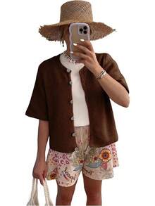 SCUSTY Women's Lightweight Cardigan Short Sleeve Button-Down Summer Cardigan Sweater Fall - Brown - View 1