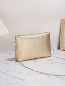 New European And American Style Gold Chain Crossbody Bag, Fashionable Portable Storage Bag, Pleated PU Dinner Bag, Solid Color Flap Shoulder Bag, Flap Coin Mobile Phone Bag, Very Suitable For Women, Girls, Students, Back To School, Wedding Banquet, Festival, Wedding Party, Commuting, Shopping, Exquisite Matching. - Vàng - Xem 4