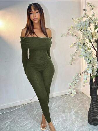 Women's Off-Shoulder Long-Sleeve Tight-Fitting Pants Jumpsuit,