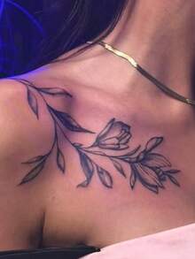 1pc Waterproof Sweat-Proof Washable Temporary Tattoo Sticker, PVC Personalized Premium Design Ink Rose Floral Unique Fake Tattoo, Fashionable Plant Floral Pattern Suitable For People Daily Use - Black - View 3