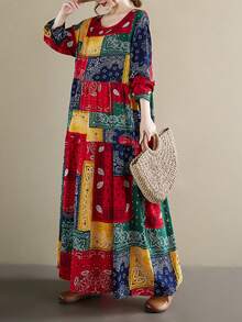 AZAH 上衣2025秋季新款圆领长袖褶皱宽松连衣裙女板裙波西米亚休闲度假沙滩裙打底裙一体裙秋季长裙 - 彩色 - 查看 5