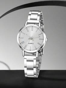 2PCS Silvery Alloy Strap Women's Watch Set Fashionable Elegant Simple Quartz Watch Bracelet Jewelry Set Perfect Gift For Her