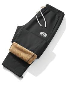 Pantalones de chándal con forro térmico para hombres de talla grande, pantalones rectos con cordón y bordado de sherpa, adecuados para invierno y otoño - Negro - Ver 3