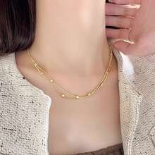 High-Quality Women's Necklace, Simple, Gold, Three-Dimensional, Small, Square, Double-Layer, Snake Bone Bracelet, 18k Stainless Steel, Does Not Fade, Fashionable - 金色 - 查看 1