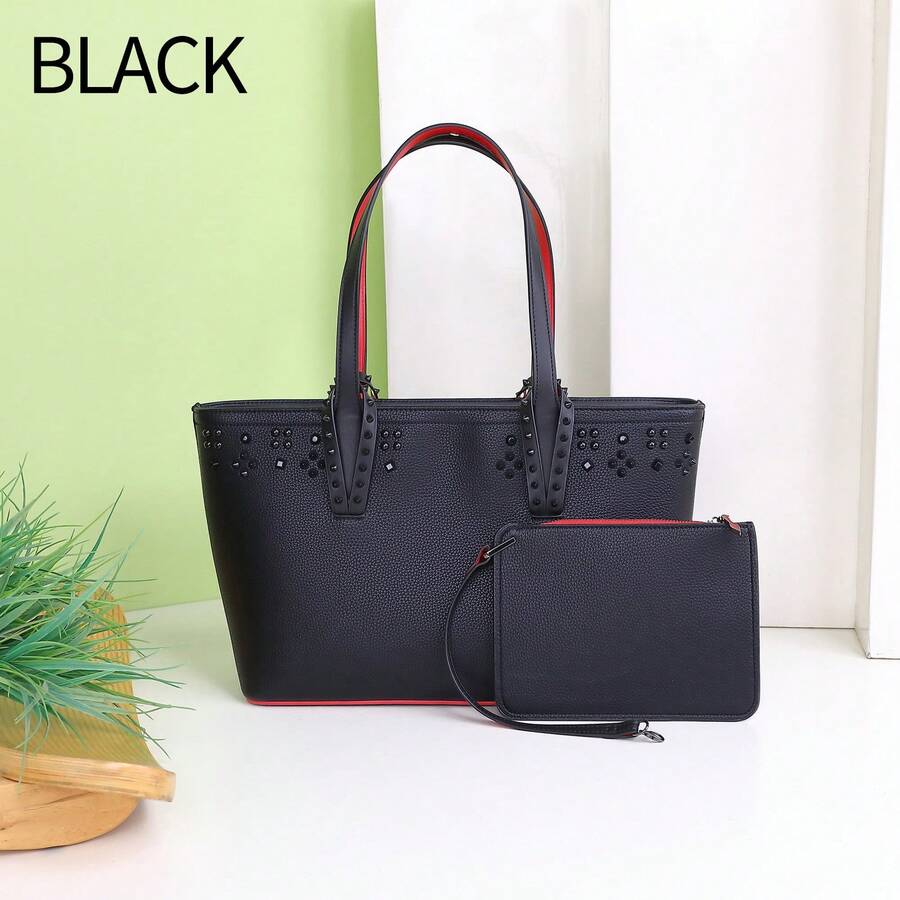 Women's Summer Shoulder Shopping Bag Tote Bag - 黑色配黑釘 - 查看 1