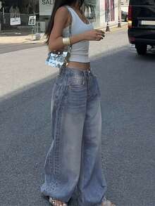 Vintage Washed Blue-Gray Straight Leg Jeans, American Design Loose Casual Wide Leg Dragging Pants For Women Chic Winter Christmas New Year Thanksgiving