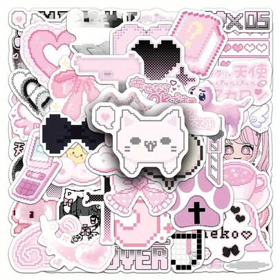 50PCS Pink Pixel Wind Graffiti Fun Stickers Aesthetic Decorative Water Bottles, Safety Hats, Luggage, Bicycles, Skateboards