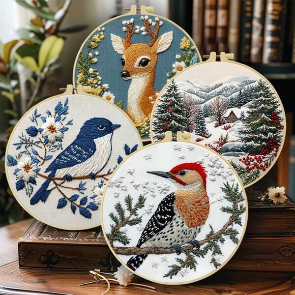 1 Piece Embroidery Set, 20x20cm/7.9x7.9 Inches, Bird, Deer, Winter Landscape Pattern, Handmade DIY Embroidery Set For Adults And Beginners, Includes Embroidery Cloth, Instruction Manual, Embroidery Stretch And Needle, Suitable For Holiday Gifts For Friends Or Family, Furniture, Office Handmade Artwork