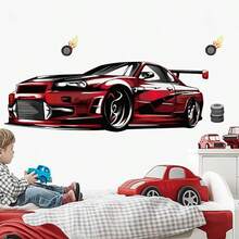 Red Sports Car Cartoon Wall Sticker, Suitable For Hotel, Homestay, Office, Bedroom, Living Room Wall Decor, Self-Adhesive And Removable - Multicolor - View 5