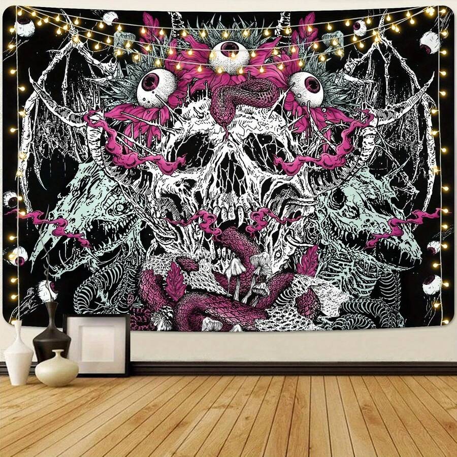 1Pc 2D Flat AtawLege Skull Tapestry With Skeleton Eyes, Goth Snake, Flowers, Large Horror Demon Design Halloween Wall Hanging ,Peach Skin,100% Polyester,Single-Sided Printing,Machine Wash,For Living Room, Bedroom,Indoor And Outdoor, Loft, Study, Tea Room, Balcony, Bay Window, Restaurant, Cafe,Fall Decor,Halloween Decorations - Kiểu 1 - Xem 1