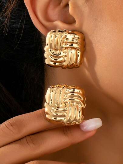 1 Pair Fashionable Geometric Square Striped Texture Clip-On Earrings For Women, Party/Gift