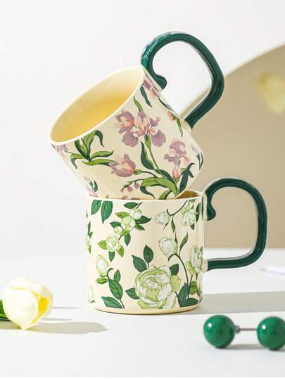 复古轻奢杯子鸢尾花水杯山茶花大容量陶瓷杯陶瓷马克杯礼盒