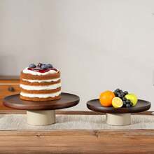 CEEFU Bandeja de madera de acacia con base de cerámica, plato para aperitivos, soporte para tartas, pedestal para tartas de boda para exhibir cupcakes, postres y bocados en fiestas, bonita decoración de cocina