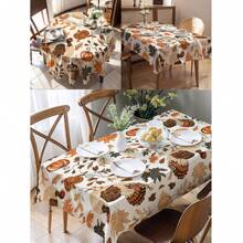 1pc Thanksgiving Turkey & Autumn Leaves Pattern Tablecloth, Seasonal Kitchen/Dining Table Decor, Round/Rectangular Sizes Available, Polyester Material, Indoor/Outdoor Party Decoration, Thanksgiving Holiday Decor, Home & Event
