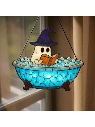 1个可爱幽灵阅读亚克力阳光捕捉器，浴缸幽灵窗户装饰，万圣节恐怖季节浴室装饰，送给爱书人的万圣节礼物，适合万圣节派对装饰，家居墙面，浴室，卧室，客厅（使用前请撕掉保护膜，亚克力材质并非玻璃）