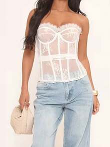 Women Lace Bustier Corset Tops Flower See Through Off Shoulder Sleeveless Body Shaper - trắng - Xem 2