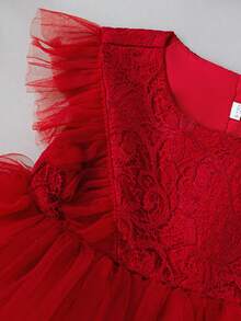 0-2岁女婴酒红色蕾丝薄纱连衣裙，生日派对服装 - 酒紅色 - 查看 5