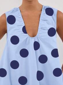 Women's Cute Polka Dot Babydoll Mini Dress Scoop Neck Flowy Sleeveless Short Dress Ruched Loose Fit Dress - Màu xanh lam - Xem 4