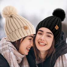 REDESS Womens Winter Knitted Beanie Hat Warm Fleece Lined With Pompom Cap Thick Slouchy Snow Knit Skull Ski Cap - 燕麥 - 查看 8