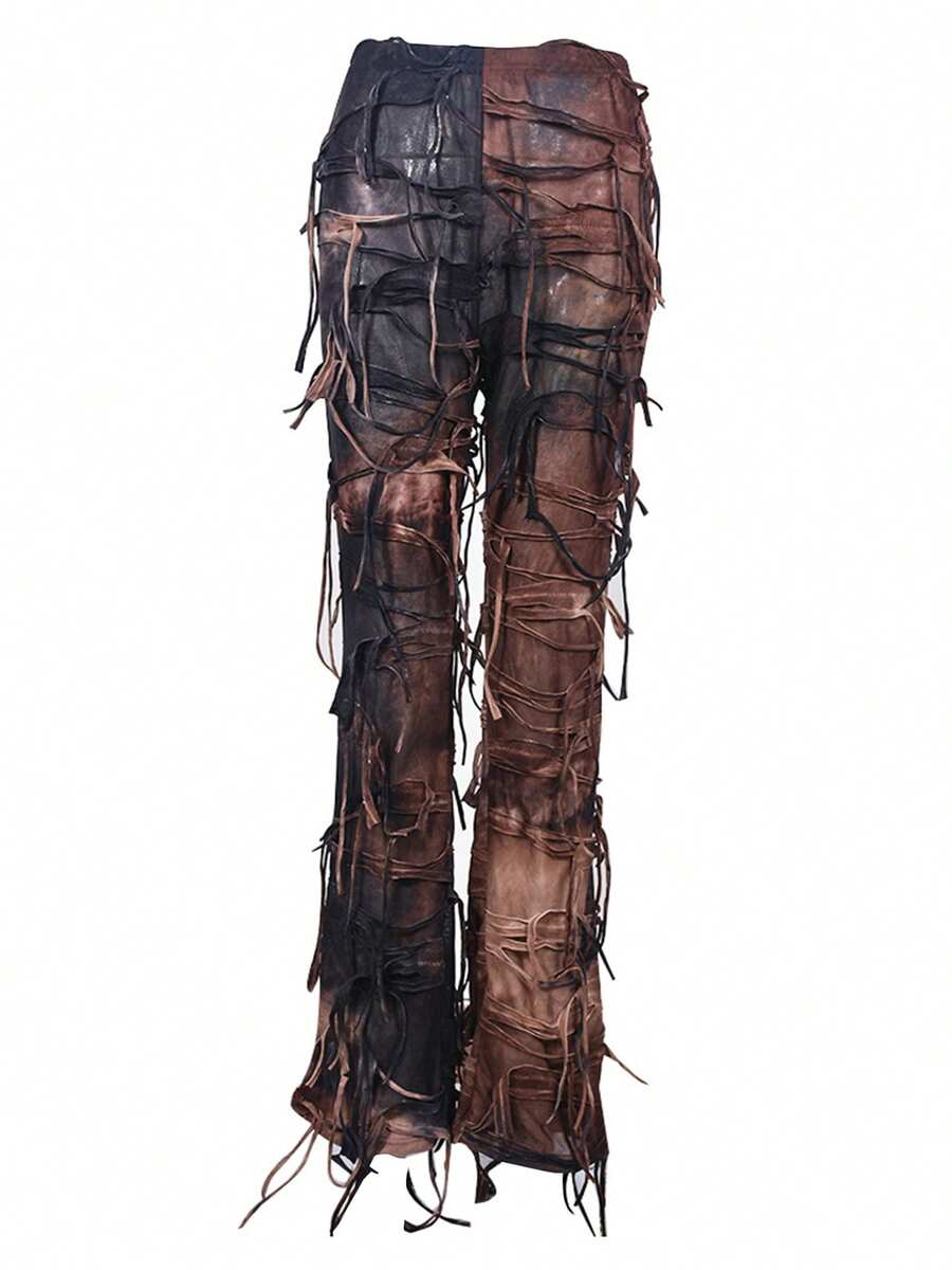 Women Tie Dye Tassel High Wasit Bell Bottom Pants Distressed Leggings Pants Casual  Bootcut Trousers For Streetwear - 鏽棕色 - 查看 1