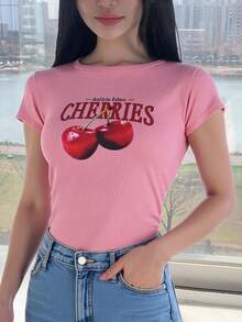 Playera camiseta dama mujer casual manga corta cuello redondo estampado cerezas cherry letras acanalado moderna juvenil diario y2k comoda fresca ligera - Rosa - Ver 3